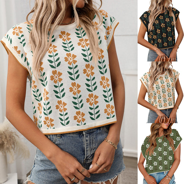 Cross-border   2025 summer hat sleeves open navel short sleeves crew neck knitted small flower sweater short