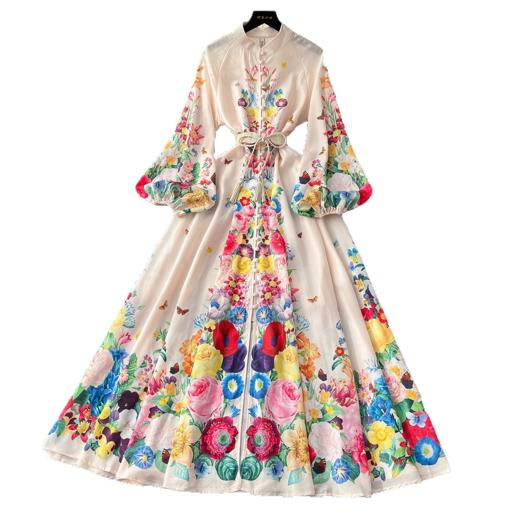 Elegant dress - spring  collection: european & american court style, printed stand collar, single-breasted button closure, cinched waist, lantern sleeves, and flowy maxi length