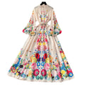 Elegant dress - spring  collection: european & american court style, printed stand collar, single-breasted button closure, cinched waist, lantern sleeves, and flowy maxi length