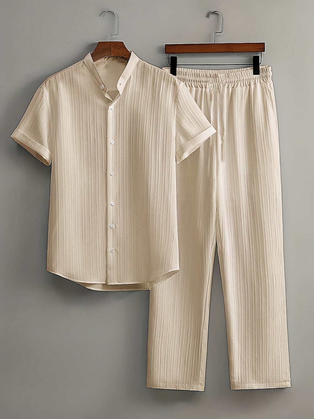 fashionmensuitcasualpure color short-sleeved shirt multi-color beach slub wrinkled short-sleeved pants two-piece set
