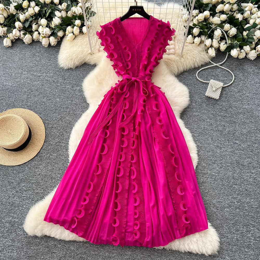 Miya pleated dress women's  summer european and american fashion 3d lace tie waist sleeveless pleated maxi dress