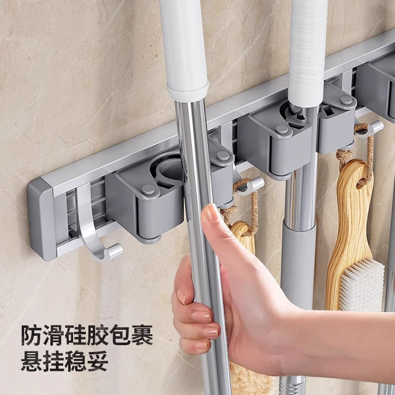Wall-mounted mop and broom holder, no-drill hook, balcony, bathroom, toilet, snap-on fixed broom storage organizer