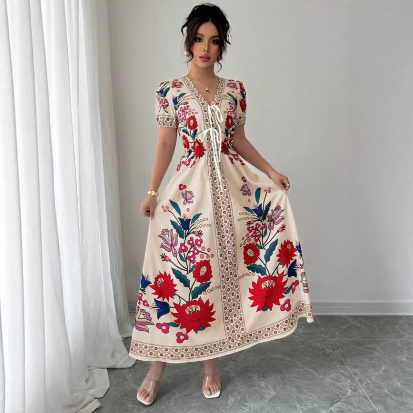Short-sleeved long skirt fixed printingdress women's summer slimming look suit retro collar palace style waist niche styledress