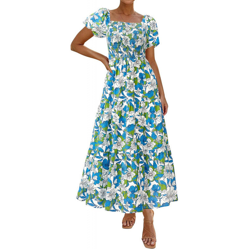 Amazon fashion short-sleeved square neck pleated dresssummernew arrivala-line elegant beach skirt