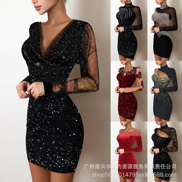 (ODS10130B series) 2021 European and American new bronzing splicing v-neck pleated satin dress