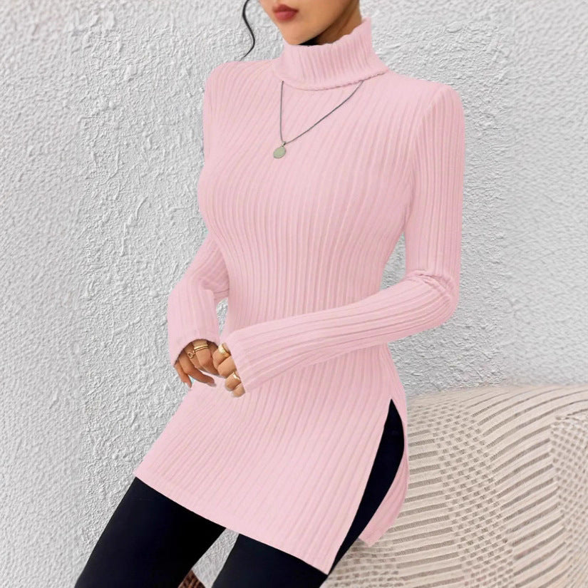 European and American  new women's turtleneck jumper, split-ended slim-fit bottoming shirt, pit striped medium and long top T-shirt