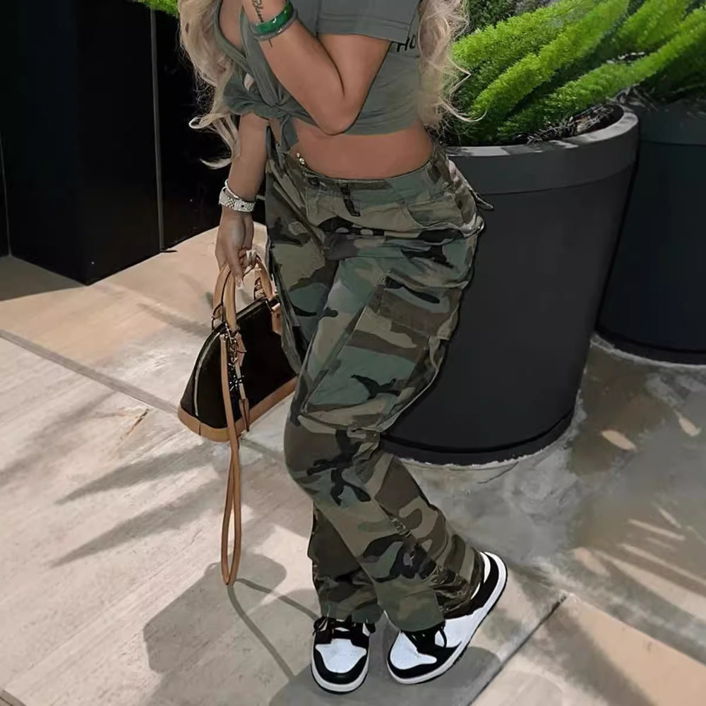 2025 amazon new women's streetwear camo print multi-pocket versatile cargo pants