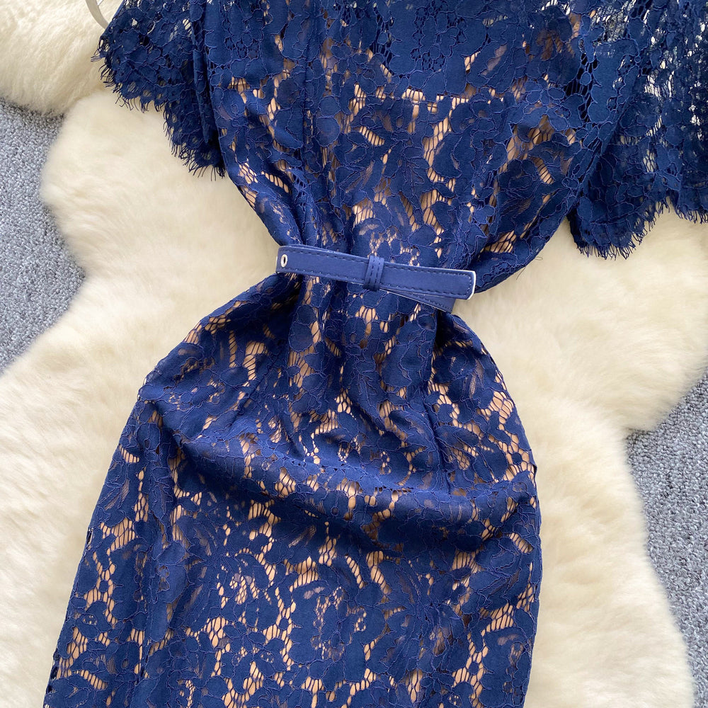 Palace style short-sleeved lapel dress women's summer mesh cut out crochet design royal sister long skirt with suspender skirt suit
