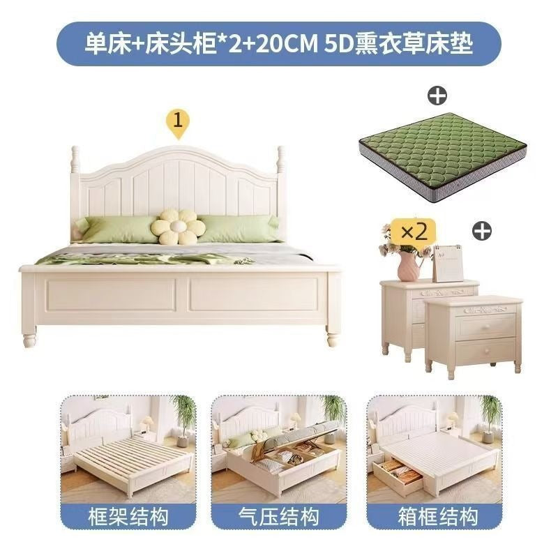 Nordic white cream solid wood bed - modern minimalist 1.8m double bed for master bedroom, 1.2m single bed with storage, wedding bed