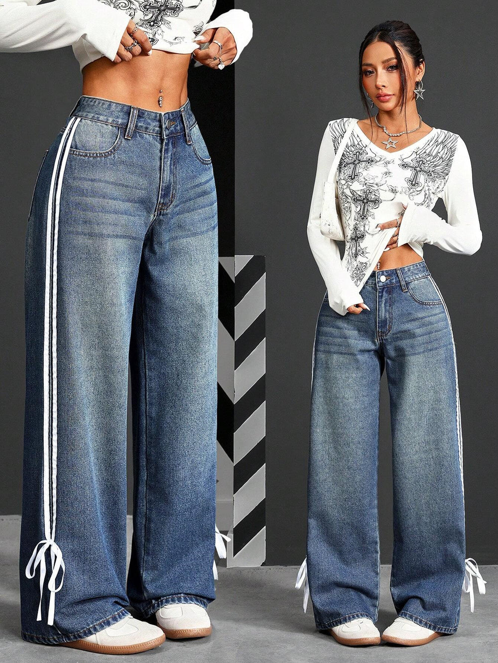 Fashion style side webbing strap wide leg jeans women's high waistloosestraight-legdrapedmoppants