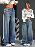 Fashion style side webbing strap wide leg jeans women's high waistloosestraight-legdrapedmoppants
