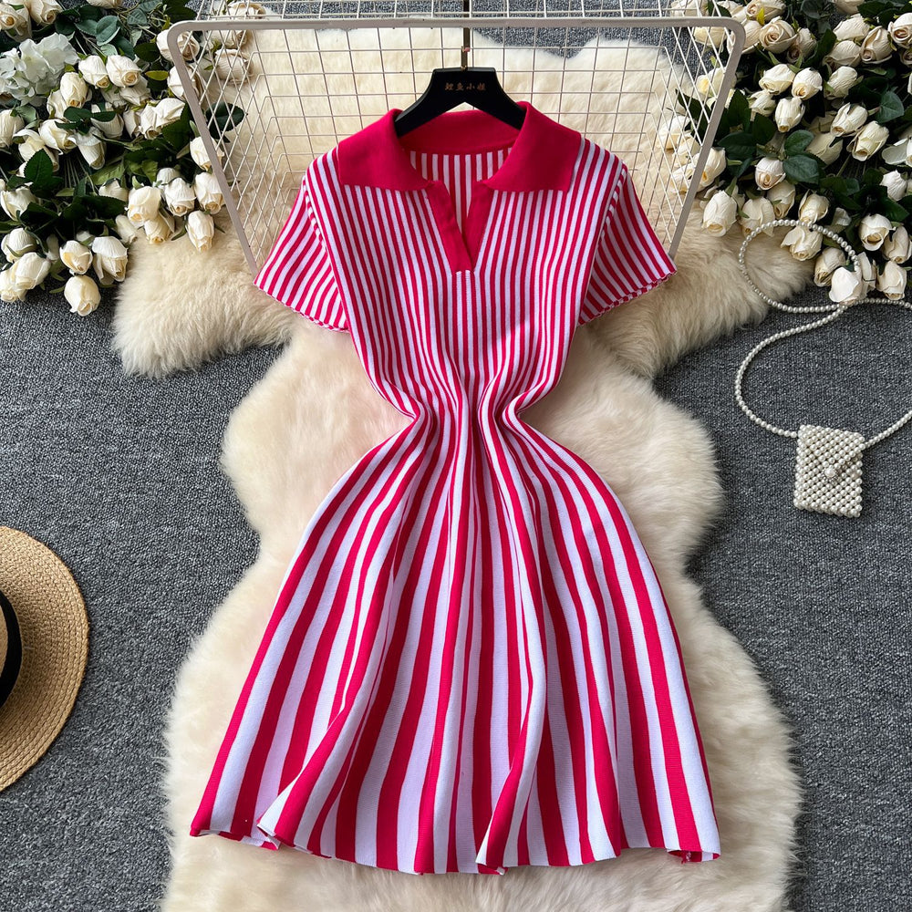 Exportfrenchcontrast colorretro lapel short sleeve stripesknittingdress women's waist elegantslimming looka-line skirt