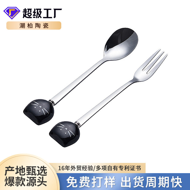 Japanese and korean style creative stainless steel spoon with ceramic handle, stainless steel fruit fork, ice cream scoop, minimalist soup spoon, coffee spoon