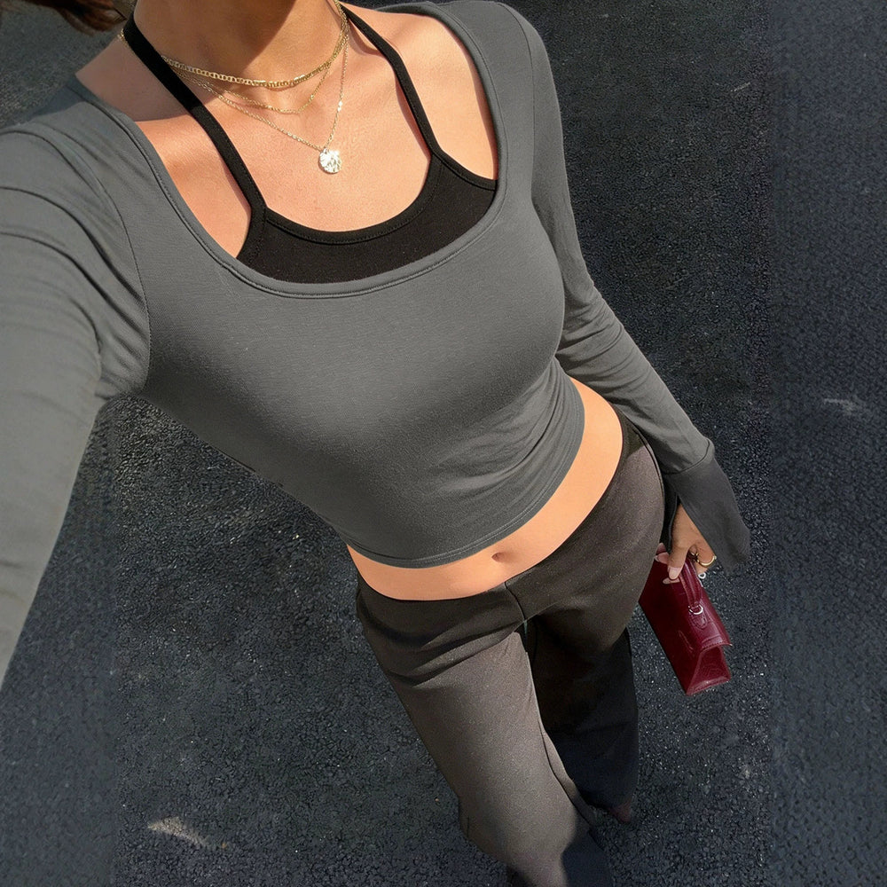 new cross-border halter neck long sleeve women's top - square neck flare sleeve cropped slim fit american style t-shirt for women
