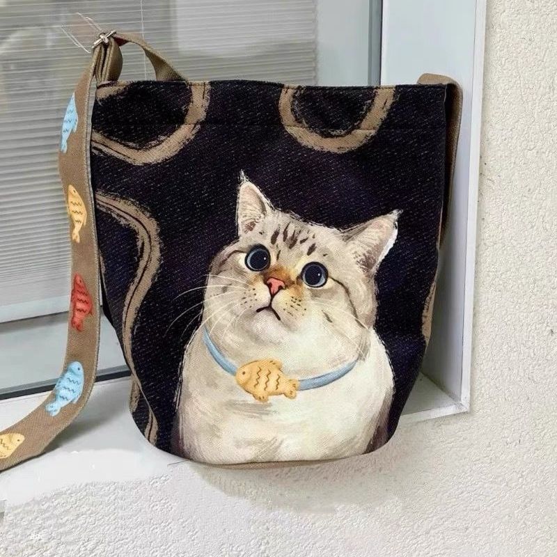 2025 korean-inspired canvas tote bag: large capacity, effortless style, canvas cat design, unique and trendy shoulder/crossbody bag