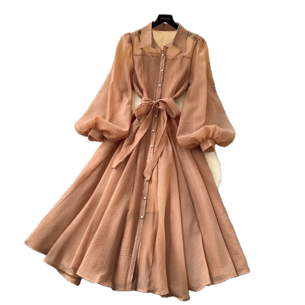 French dress women's autum palace style niche lapel single breasted strap waist lantern sleeve long skirt