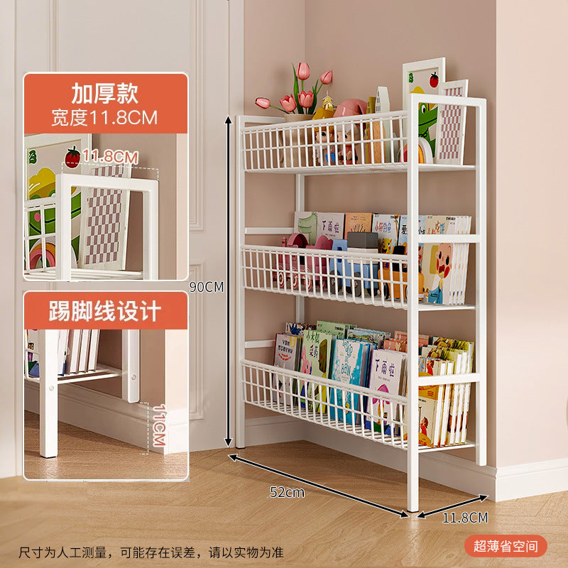 Bookshelf, ultra-thin wrought iron hole board shelf behind the door, floor storage rack against the wall, storage rack, children's picture book shelf