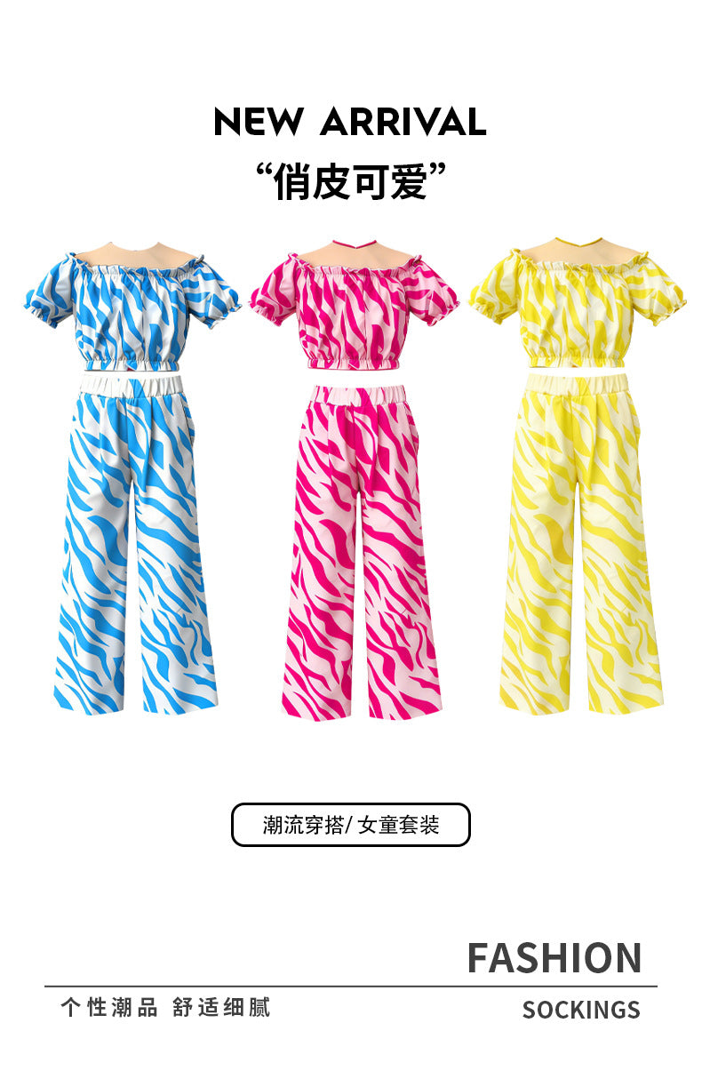 girls' fashion two-piece set: multi-colored zebra print off-the-shoulder cinched waist top and high-waisted wide-leg pants kids' outfit