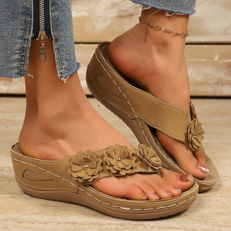 Plus size wedge heel floral flip-flops for women - 2026 summer new fashion open toe slip-on casual sandals