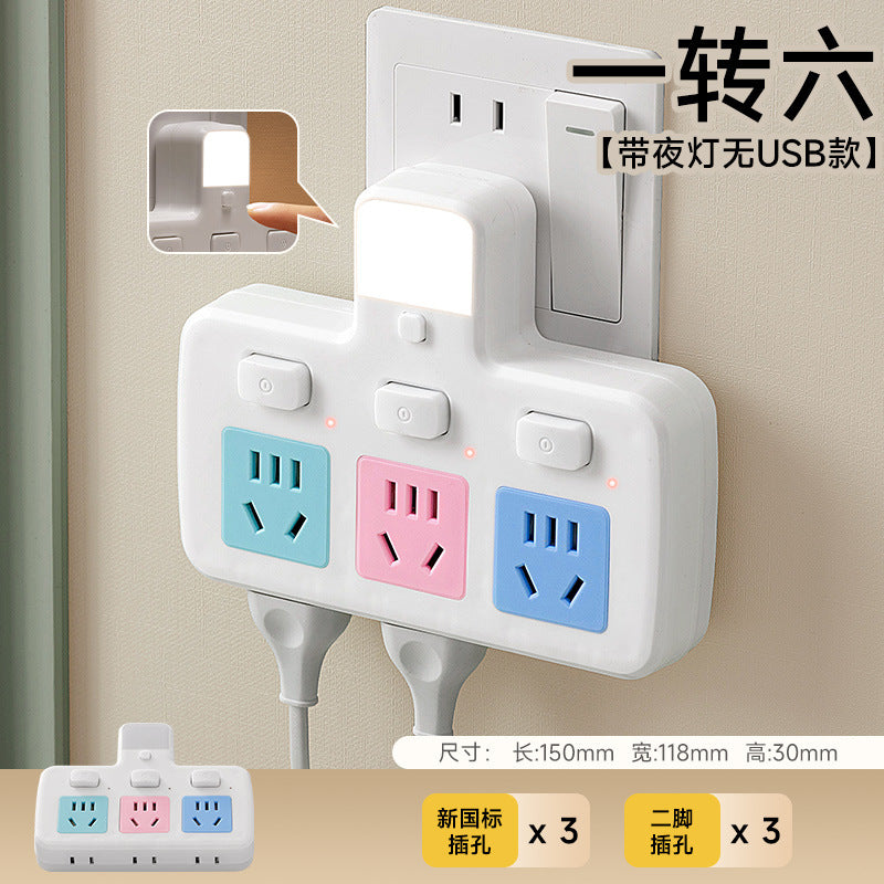 Multi-port usb charging power strip with surge protection, overload protection, five-outlet expansion, independent switches, and bedside night light
