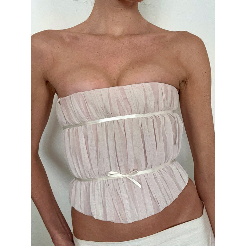 Amazon women's clothing  summer new arrival: off-the-shoulder bandeau ruched tie-waist sleeveless cropped tank top