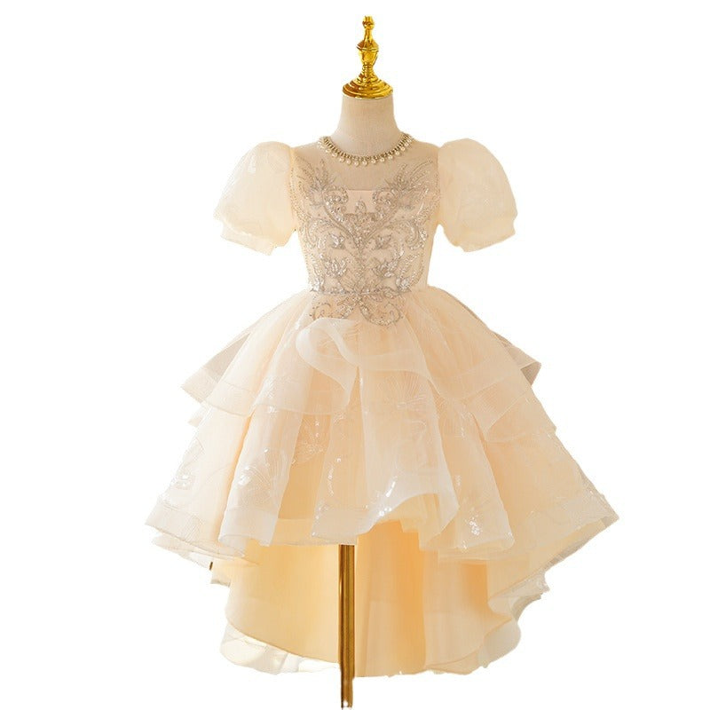 Wholesale girls' formal dress - summer style, train, bubble sleeves, high-end, piano recital, runway, chic & elegant dress