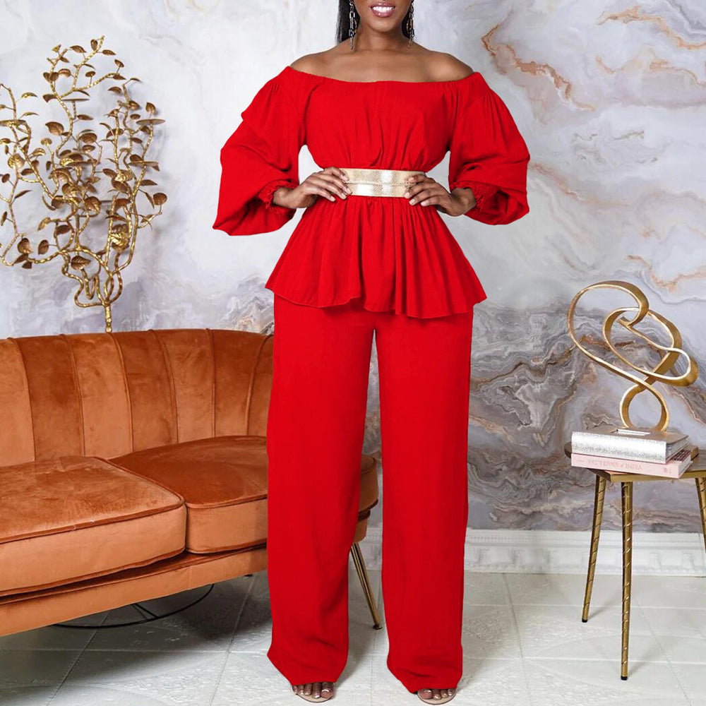 C8535p with belt cross-border women's clothing  one-piece collar long-sleeved top loose wide-leg pants european and american suit