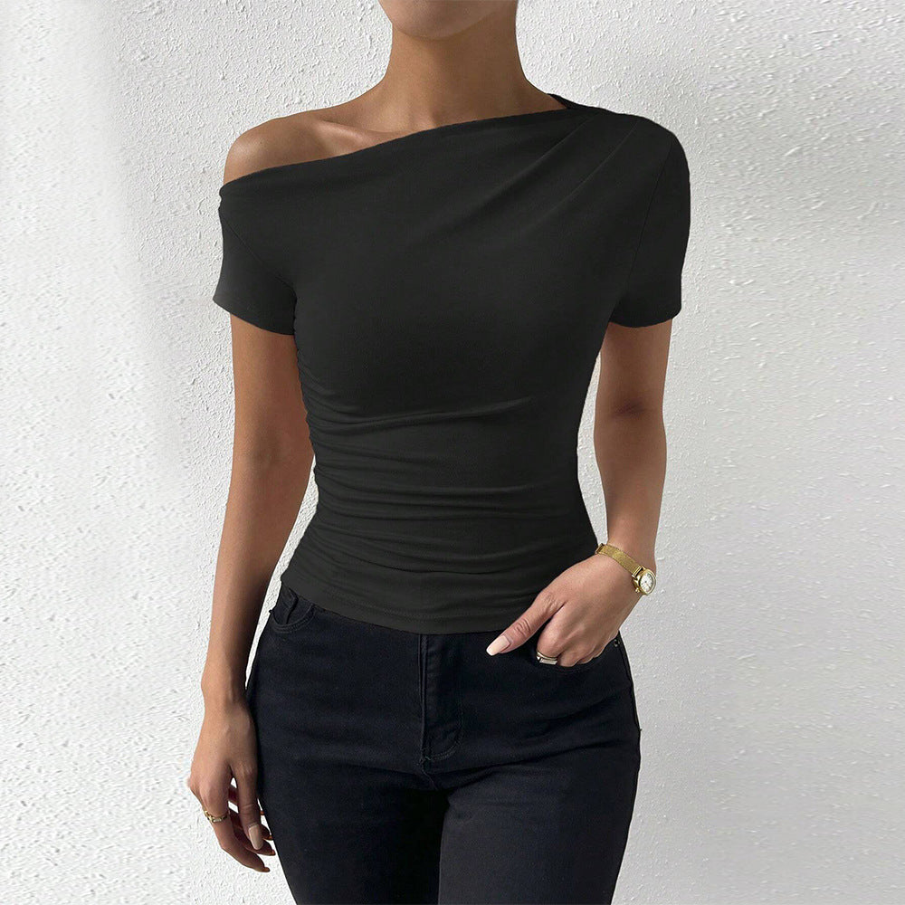 European and American  women's clothing sexy wind diagonal collar design short-sleeved T-shirt summer new slim-fit solid color pullover