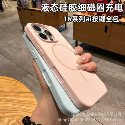 Suitable for apple 17 all-inclusive anti-fall ai button mobile phone case liquid silicone thin ring magnetic suction iphone16 large hole 14