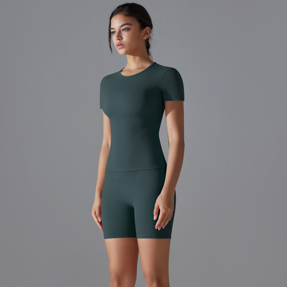 Fashion nude short sleeve t-shirt yoga suit high waist hip lifting tightshorts quick-drying running sports fitness suit