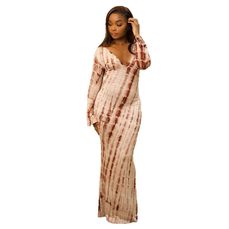 European and american style ins cross-border printed fashion women's color block loose bodycon skirt home casual v-neck long sleeve dress