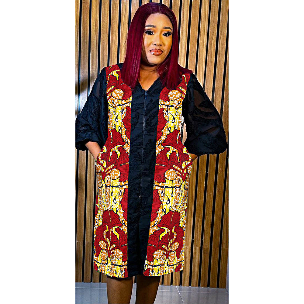 e-commerce   new zipper dress wax fabric with pockets african women's plus size skirt
