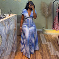 European and american cross-border women's fashion:  summer new arrival - elegant v-neck, puff sleeve, blue striped, high-waisted maxi dress