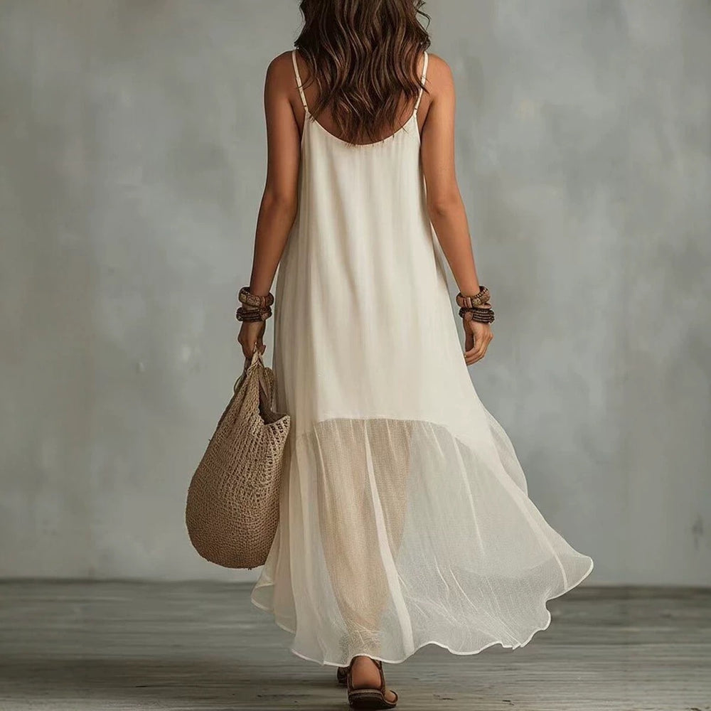 new cross-border  style bohemian vacation solid color cami dress with u-neck for women