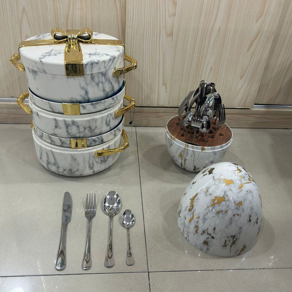 Hot-selling export-grade gold-rimmed gift food container with insulated box, available in 2.5l, 3l, and 3.5l sizes. the perfect insulated tableware gift set
