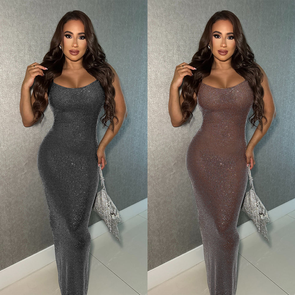 C7551 cross-border   fashion women's sexy mesh rhinestone arm cover backless dress