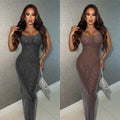 C7551 cross-border   fashion women's sexy mesh rhinestone arm cover backless dress