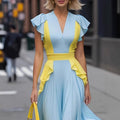 Amazon european style elegant color block ruched v-neck maxi dress - new summer slimming and figure-flattering dress