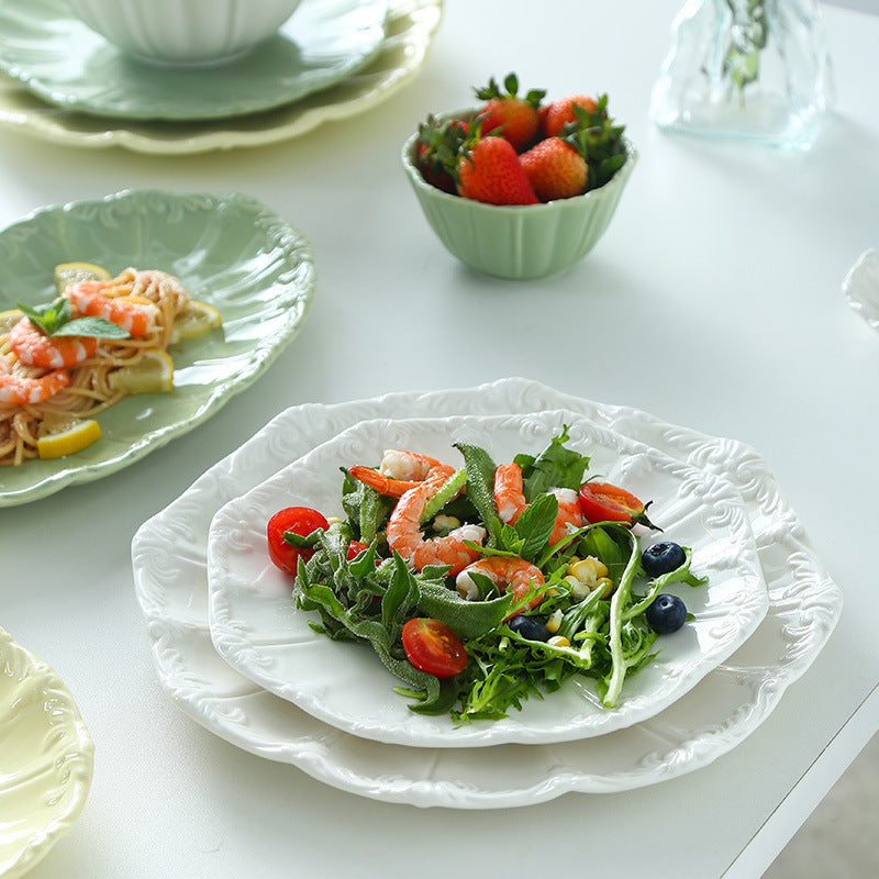 Embossed retro ceramic dinnerware set - french style, high-end steak plates, dessert plates, and salad bowls for home use