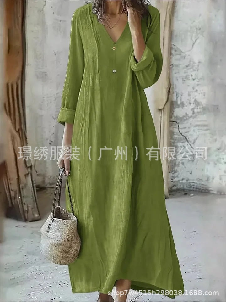 New arrival: cross-border  women's cotton linen v-neck maxi dress - fashionable, casual, long sleeve, button-down, loose fit