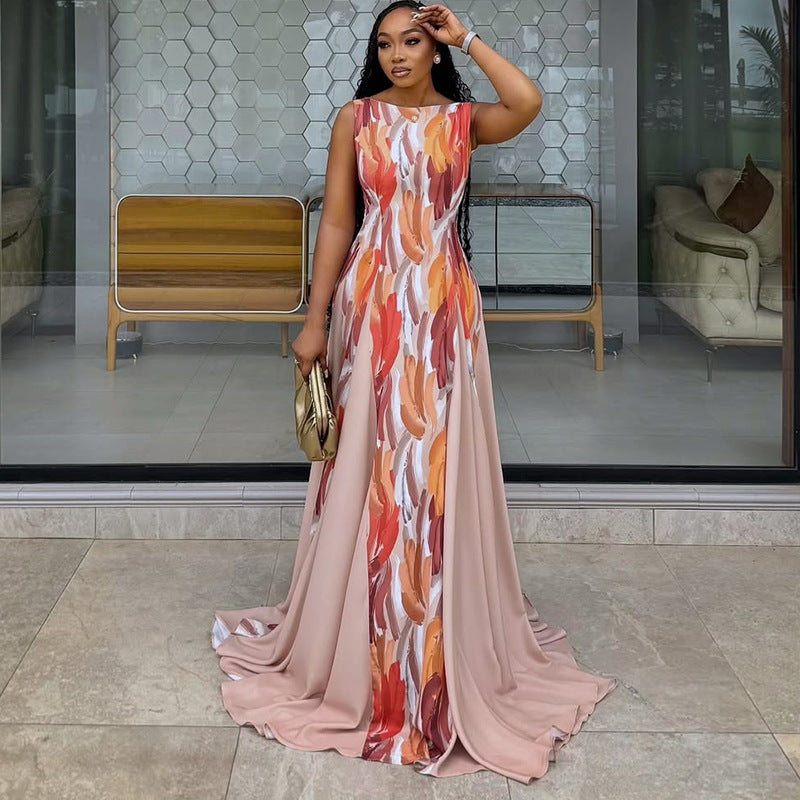 European and american cross-border women's fashion:  autumn new arrival - elegant round neck printed swing dress, sleeveless slim-fit maxi dress