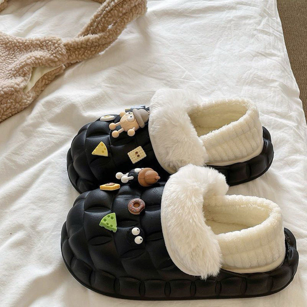 2025 women's winter slippers: cute cartoon design, thick sole, fleece lined, non-slip, wear-resistant, warm, detachable waterproof cotton shoes