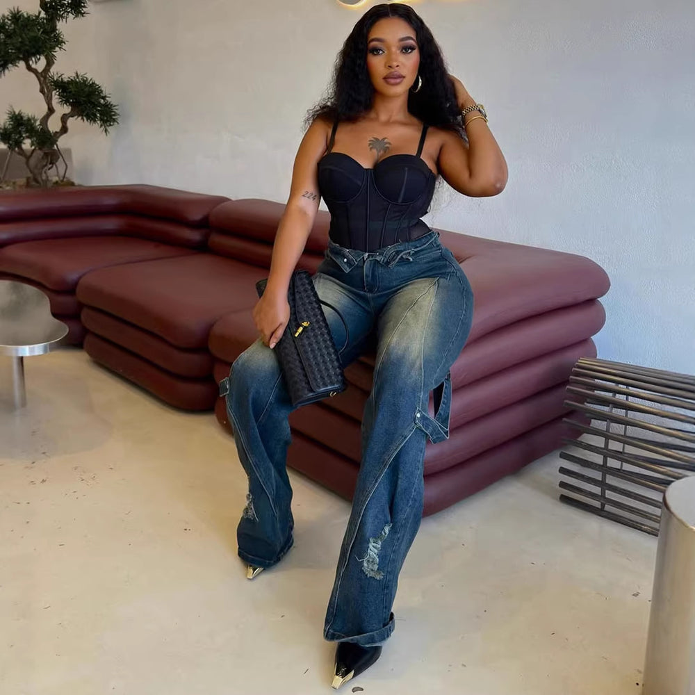 European and american women's wide-leg jeans -  cross-border fashion: washed, tie-dye, distressed straight-leg cargo pants