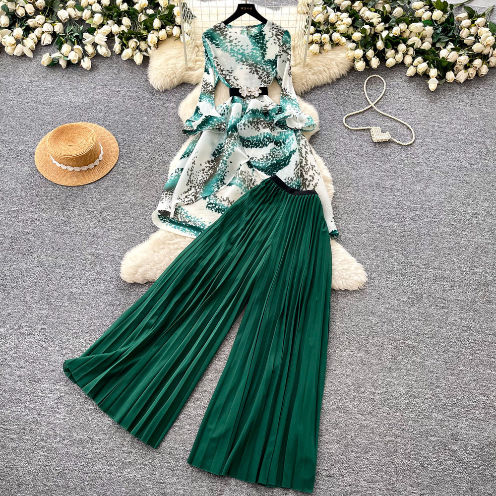Classyniche stylework clothing style three-quarter sleeve topshigh waistpleatedcasualloose pants women's autumslimming looktwo-piece set