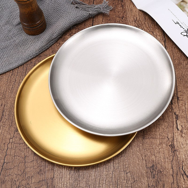 Korean style barbecue plate steak plate round plate stainless steel barbecue shop golden round barbecue plate bone plate snack plate