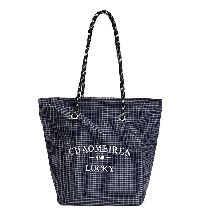 Korean style minimalist canvas tote bag for women, 2025 new arrival, super popular large capacity tote, plaid striped versatile shoulder bag