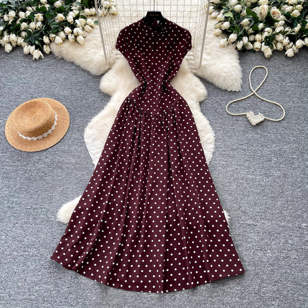 Vintage red short-sleeve polka dot dress - a versatile summer staple: high-waisted a-line, work-ready, slimming maxi dress
