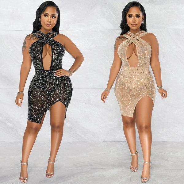 X5735   Fashion Nightclub Hot Diamond Cross Neck Irregularly Split Middress Dress Women