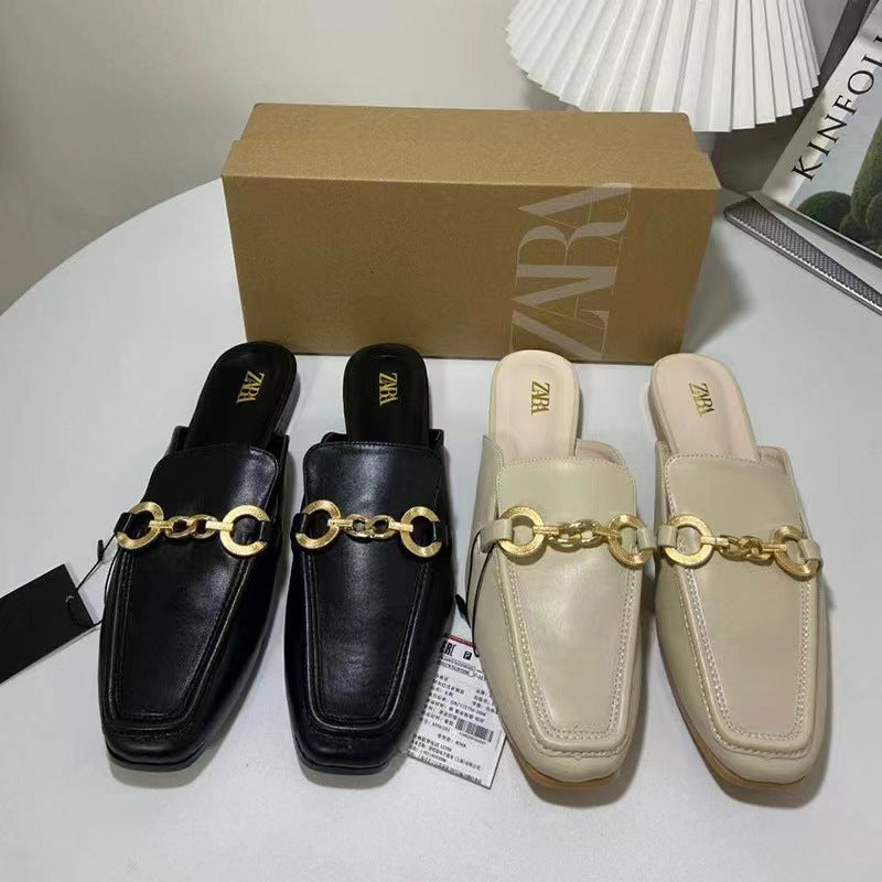 Za2024new arrivalsummerflats sandals women's metal chain shallow mouth square toe fashion baotou back hollow sandals women