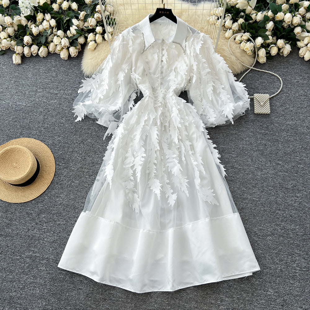 Frenchclassy heavy industry nail drill lapel lantern sleeve waist mesh tassel patchwork large swing puffy dress for women